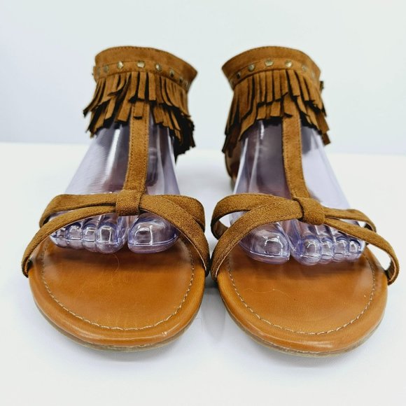 Indigo Rd Cross Fringe Sandals 8.5 Brown Ankle Cuff Zip Back Studs T Strap Boho - Picture 4 of 14